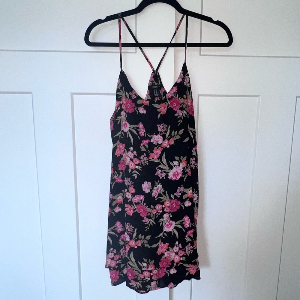Black Floral Spaghetti Strap Cross Back Mini Dress